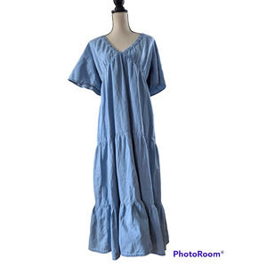 Primark Tiered Denim V-neck Maxi Dress, Square Back, 12